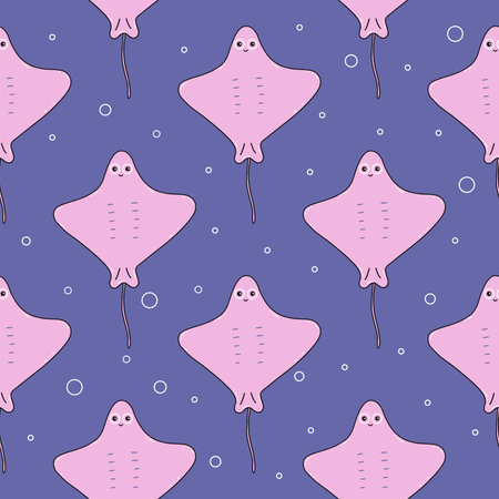 Seamless pattern with cute pink stingrays swimming in sea or ocean. Marine life. Undersea world. Vector illustration hand drawn doodle. Print for paper or fabric. Blue backgroundのイラスト素材