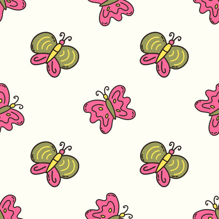 Seamless pattern with beautiful green and pink butterflies. Colorful vector illustration hand drawn doodle. Cute moths print for fabric or paper, decorationのイラスト素材