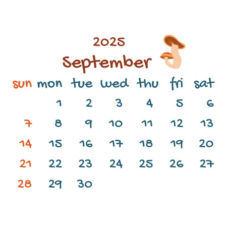 2025 September calendar with forest mushrooms. Colorful modern calendar, monthly planner. Vector hand drawn illustration. Modern simple design. Autumn monthのイラスト素材