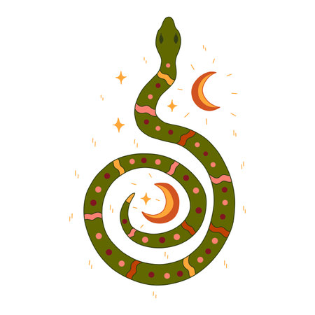 Green snake among crescents and stars curled into ring on white background. Colorful stylized vector isolated illustration hand drawn. Abstract esoteric posterのイラスト素材