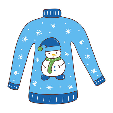 Winter cozy blue sweater with snowman and snowflakes. Seasonal warm clothes. Colorful vector isolated illustration with outline hand drawn. Season garment Christmas and New Year timeのイラスト素材