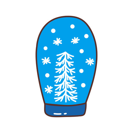 Snow blue glass ball with white Christmas tree and snowing. Colorful vector isolated illustration hand drawn doodle. Festive winter season present card, New Year vibe. Icon clip artのイラスト素材