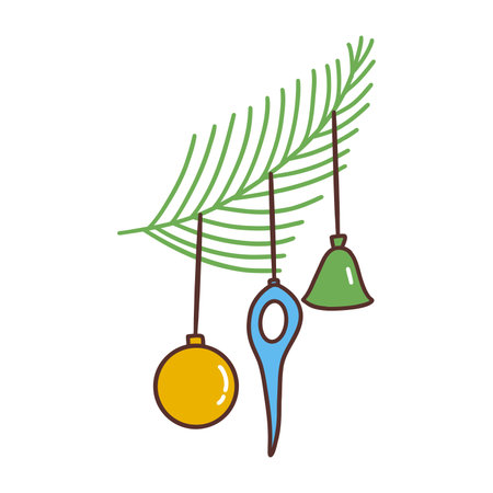 Spruce green twig decorated with New Years glass toys. Winter season holiday time, Christmas vibe. Traditional decoration. Colorful vector isolated illustration hand drawn. Icon clip art or cardのイラスト素材