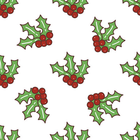 Seamless pattern with sprig of green holly with red berries. Christmas traditional plant, winter season. New Year time. Colorful vector illustration hand drawn. Print for paper or fabric, wrappingのイラスト素材