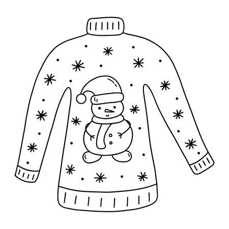 Winter sweat cozyer with snowman and snowflakes. Seasonal warm clothes. Black and white vector isolated illustration hand drawn. Season garment Christmas and New Year timeのイラスト素材