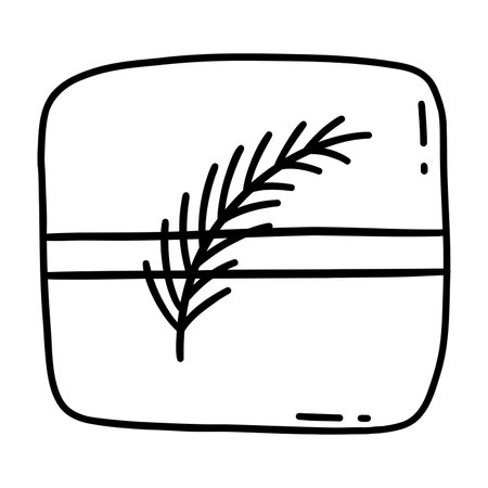 Cute festive gift box with spruce twig. Merry Christmas and Happy New Year. Black and white vector isolated card or postcard illustration hand drawn doodle. Holiday present contourのイラスト素材