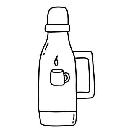 Stylish thermos print of mug of hot tea or coffee. Made of stainless steel with handle. Camping utensils for warming up in outdoor. Black and white vector isolated illustration hand drawn iconのイラスト素材