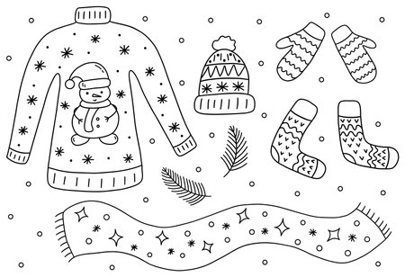 Set of winter season clothes. Sweater and hat, mittens and warm socks, scarf. Spruce branches and snow. Black and white vector isolated illustration hand drawn doodle. Winter vibe garmentのイラスト素材