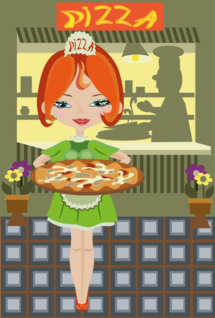 Girl with pizza in the cafe.のイラスト素材