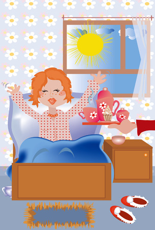 Breakfast at the bed to the redhead girl のイラスト素材