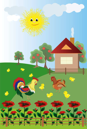 Rooster,hen,chicks in the villageのイラスト素材
