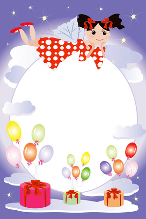 Birthday frame:fairies flying on a balloons のイラスト素材