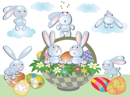 Funny  rabbits  and easter basketのイラスト素材