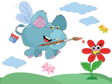 An elephant paints  a flower, vector のイラスト素材