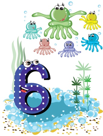 Sea animals and numbers series for kids ,6,octopusesのイラスト素材