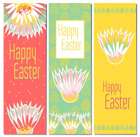 Easter cards with flowers, eggs and Easter greetings. Set of bright holiday banners. Childish backgrounds with Happy Easter. Bookmark for a book. 3 gift cards.のイラスト素材