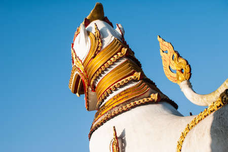 Lion guard statues in Wang Wiwekaram Thai temple, Sangklaburi, Kanchanaburi, Thailandの写真素材