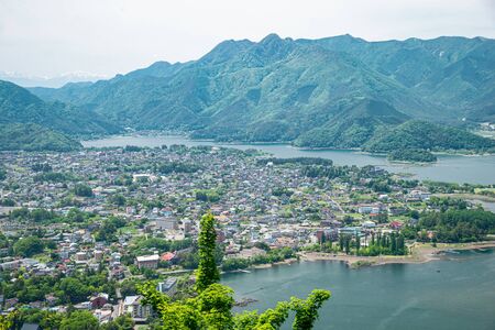 Beautiful top view of Kawaguchiko Mt. Fuji Panorama Ropeway in summer, the famous landmark and attraction place of tourists who have a long holiday in Japanの写真素材