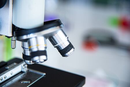 Microscope len closed up is scientific equipment in biology, chemistry, medical research  laboratory...