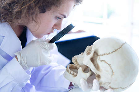 Young beautiful woman scientist in white suit study skull in laboratory.の写真素材