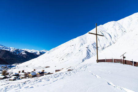 Small village in winter with Caucasus mountain. Ushguli famous landmark in Svaneti Georgia is one of...