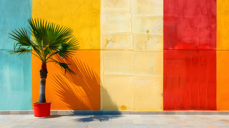 A single tropical palm plant stands out against a bold, colorful wall with a bright sunny day casting dynamic shadows, bringing a pop of life to the scene.の素材