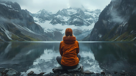 A person in orange jacket sits in solitude, contemplating the serene beauty of a mountain lake surrounded by misty peaks.の素材