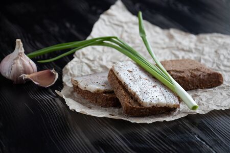 Close-up of black bread with lard, green onions and garlicの写真素材