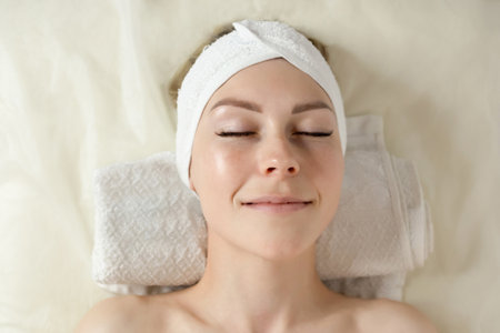 Top view of cosmetologist do facial mask for healthy glowing skin for smiling female client. Dermatologist make beauty procedures for woman patient in aesthetic medical clinic. Cosmetology concept.の写真素材