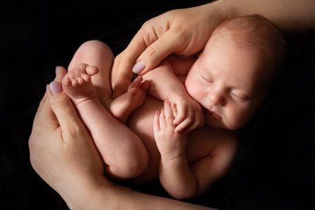 close-up of a child in the arms of a parent on a black background. concept of parenthood and care....
