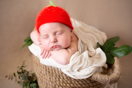 a cute newborn iin a hat of strawberries in the form of a sunflower flower sleeps peacefully. beige background with space for text with a baby sleeping in a wicker basket decorated with green leaves.の写真素材