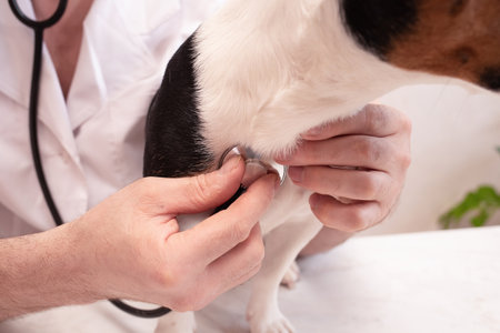 A small dog at the reception at the veterinarian in a veterinary clinic. Pet and animal health concept.の写真素材