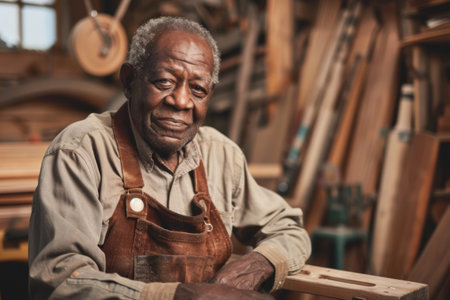 restorer, carpenter, elderly man repairs antique wooden furniture in a room with high ceilings.の素材
