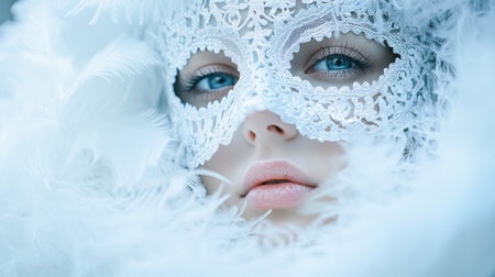 close-up of the woman's necessary, powerful gaze through a white lace-patterned mask, her face framed by soft feathers. portrait of a tender woman at a carnivalの素材