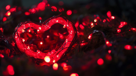 red shining garland folded into a heart shape on a black background, street decoration for valentine's dayの素材