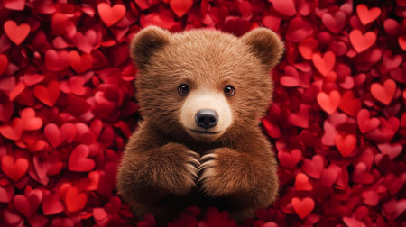 portrait of a brown teddy bear for Valentine's day on a red backgroundの素材
