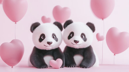 pink background with pink balloons for valentine's day with place for text and a couple of cute pandasの素材