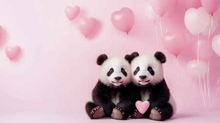 couple of cute, loving pandas with pink balloonsの素材