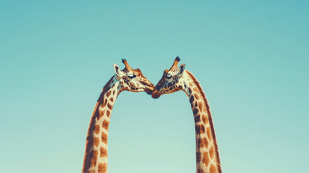a minimalist photo of two giraffes in a close-up portrait, their heads gently touching, necks forming a heart shape, against a light blue skyの素材