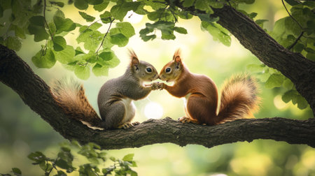 realistic photo: squirrels hugging and looking at each other with tenderness, on a large tree branch near their hollow. the green foliage around the edges of the photo forms a heart-like silhouetteの素材