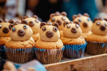 Groundhog Day fair, selling children's themed cookies and cupcakes decorated with groundhog faces.の素材