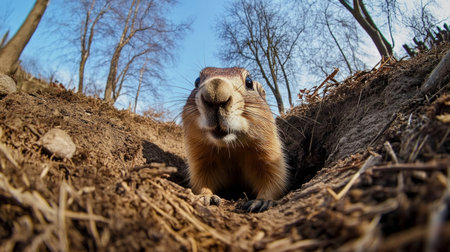 Close-up of a groundhog emerging from a hole in the spring on Groundhog Day. Blue sky and bare trees in the background. banner with place for text.の素材