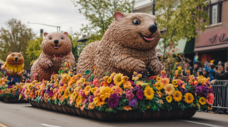 A parade featuring floats shaped like burrows and groundhogs, with participants in colorful costumes and a festive atmosphere.の素材