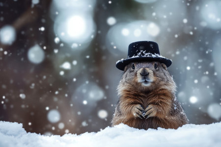 Punxsutawney Phil the famous groundhog in black hat, in snow on Groundhog Dayの素材