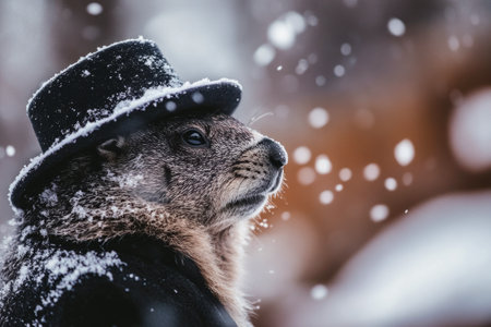 winter background with place for text. Punxsutawney Phil, the famous groundhog wearing a black hat, in the snow on Groundhog Day.の素材