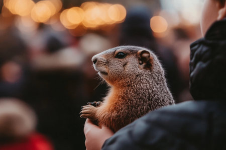 A close-up of a child holding a small stuffed groundhog toy while watching a Groundhog Day ceremony.の素材