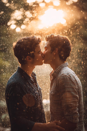 young beautiful couple two guys kissing in the rain on a sunny day.の素材