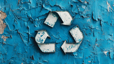 A weathered blue wall displays a classic recycling symbol made of metal. The background texture is rugged, offering a customizable area for additional text or branding.の素材
