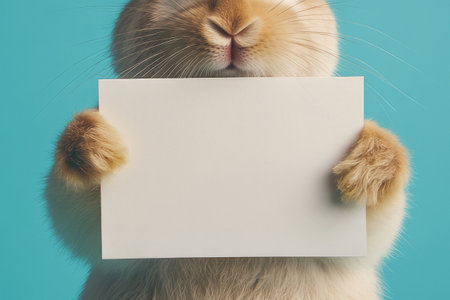 A cute Easter bunny is joyfully holding a blank white rectangular sheet of paper. The smooth blue studio background enhances the festive vibe, perfect for holiday celebrations and decorations.の素材