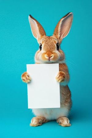 A cute Easter bunny stands upright, holding a blank rectangular sheet of paper in its paws. The smooth blue studio background enhances the cheerful and festive mood, perfect for Easter celebrations.の素材